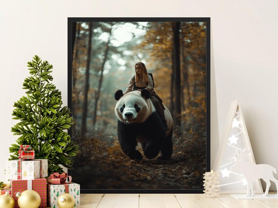 Woman Riding Giant Panda Autumn Forest Trail Fantasy Adventure Poster