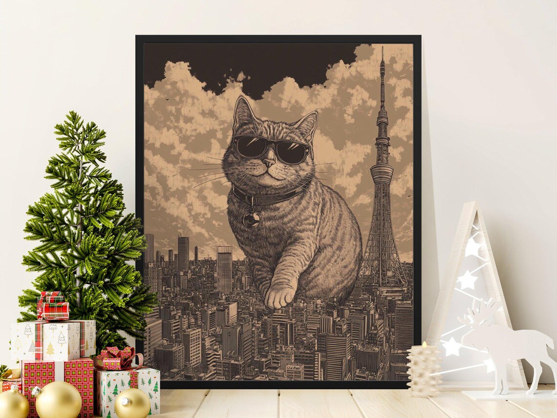 Giant Cat In Sunglasses Over Tokyo City Skyline Funny Art Poster