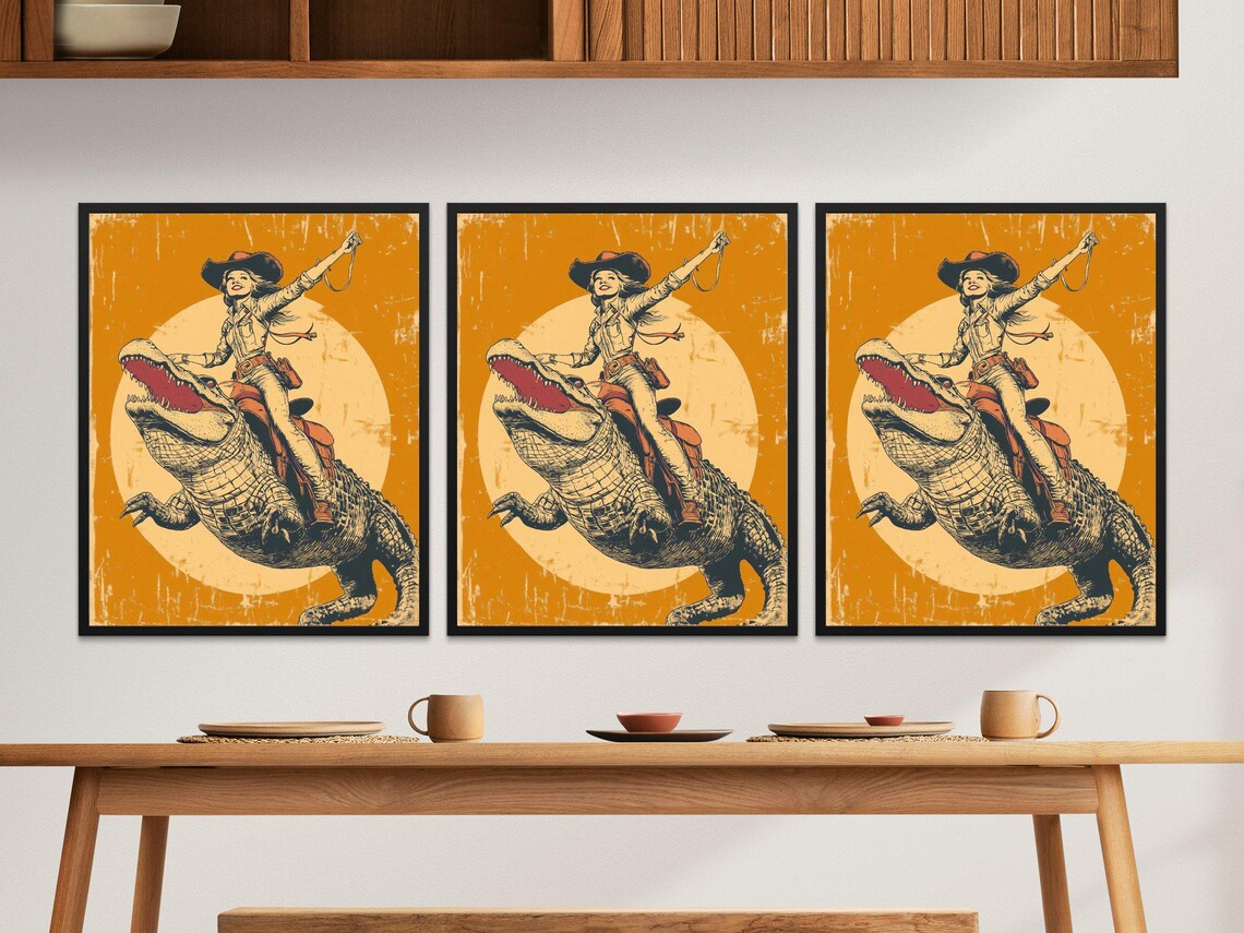 Custom Cowgirl Riding Alligator Retro Sepia Western Wildlife Poster - Image 2