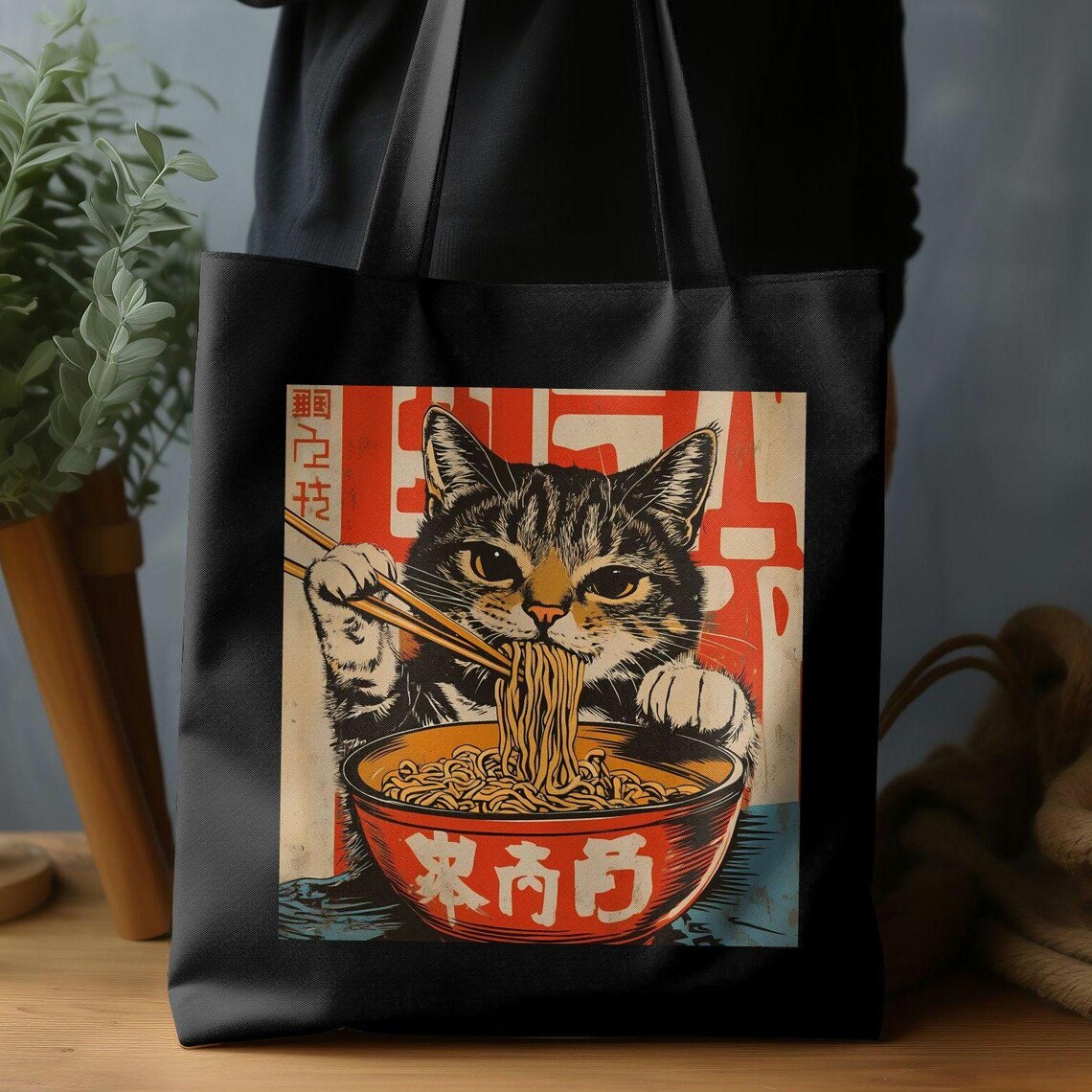 Black Tote Bag Cute Cat Eating Noodles Japanese Retro Ramen Art Print