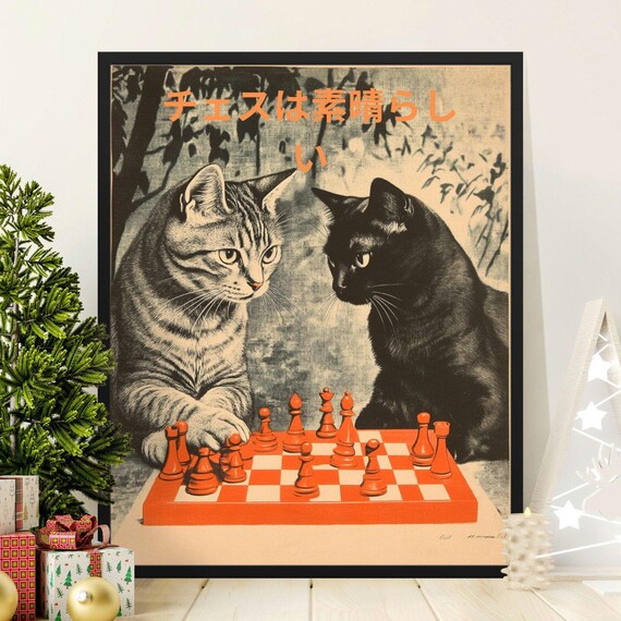Tabby And Black Cats Chess Game Sepia Retro Japanese Cat Lovers Art Poster