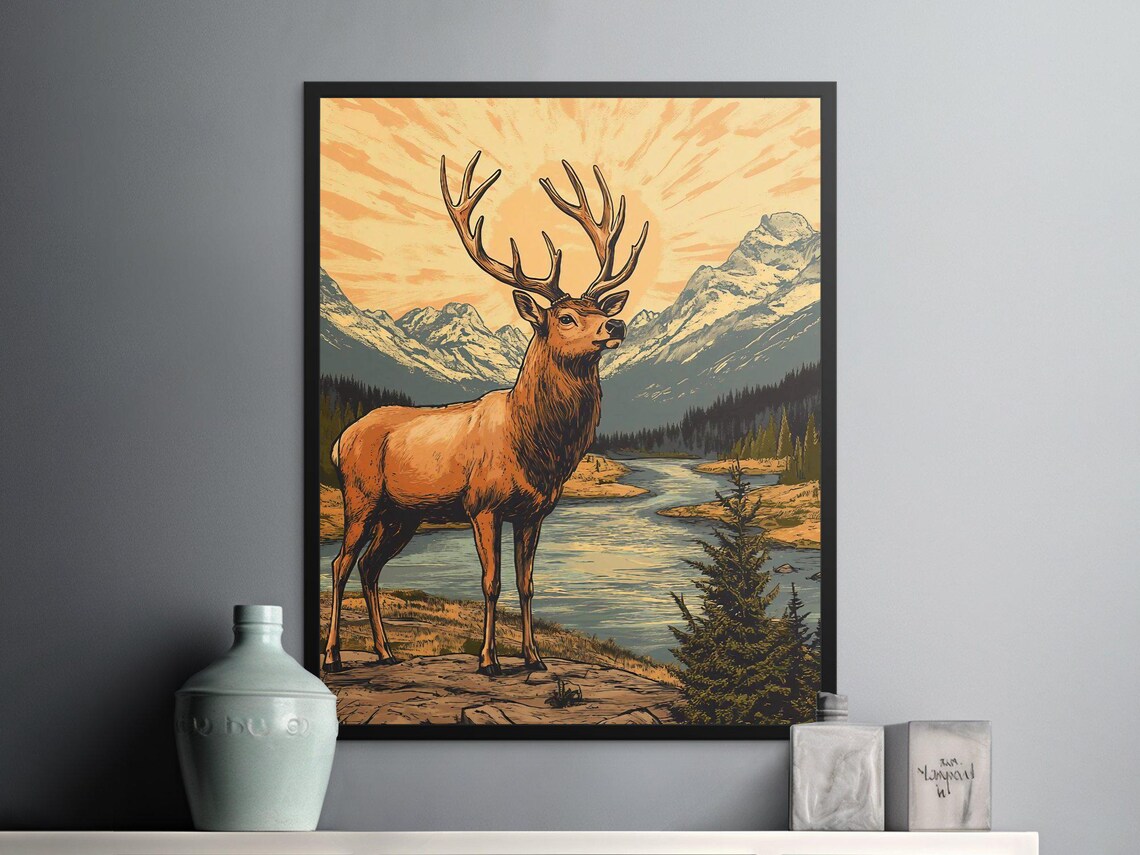 Majestic Elk Mountain River Sunset Vintage Wildlife Travel Poster - Image 2