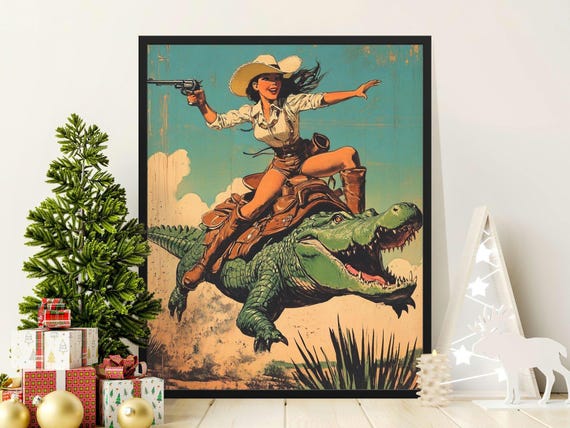 Vintage Cowboy Woman Riding Alligator Poster Retro Wild West Art Print Unique Wall Decor Western Theme Poster Home Decoration