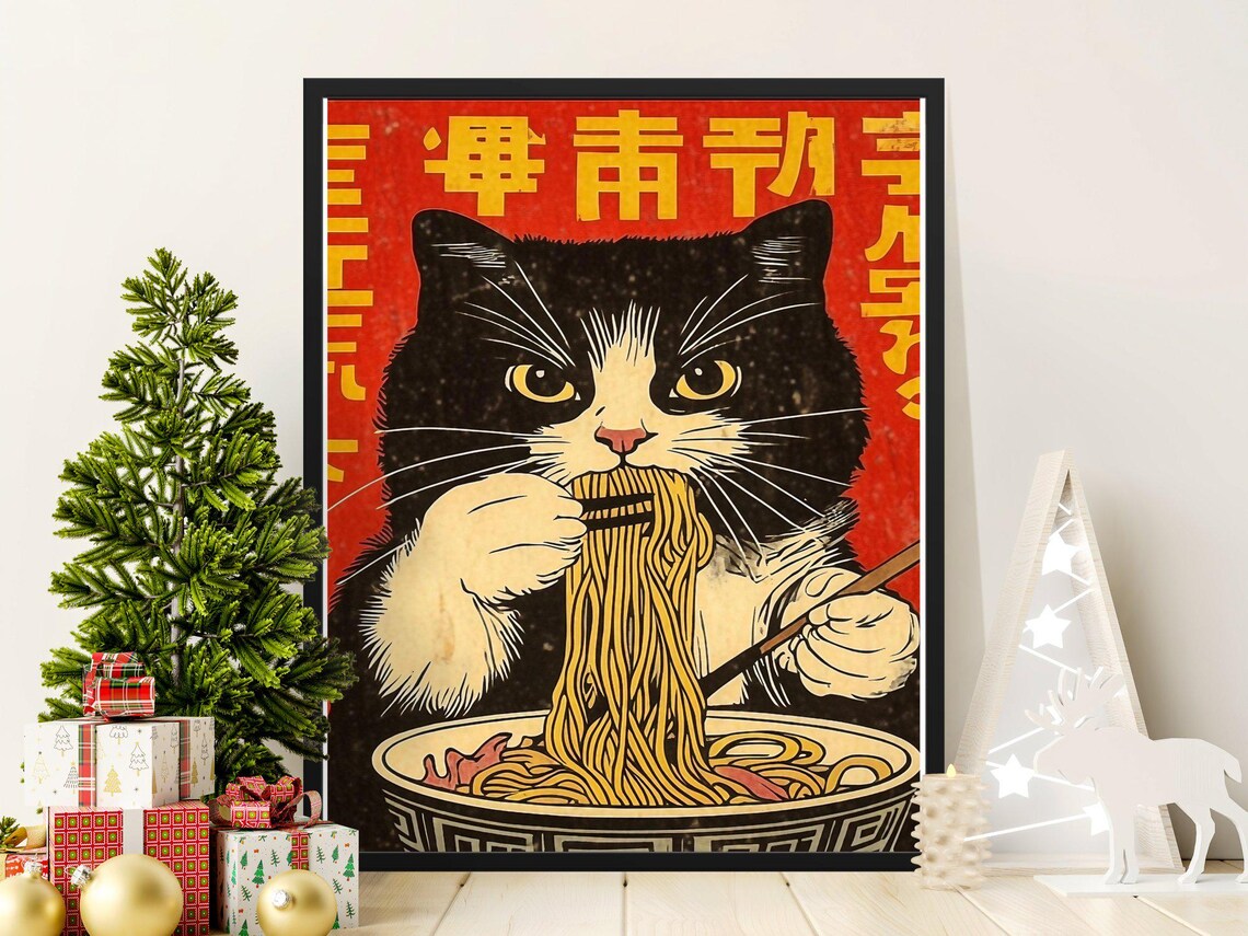 Tuxedo Cat Eating Ramen Chopsticks Red Retro Japanese Kitchen Wall Poster