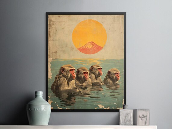 Snow Monkeys Bathing Hot Spring Mount Fuji Sun Retro Art Poster