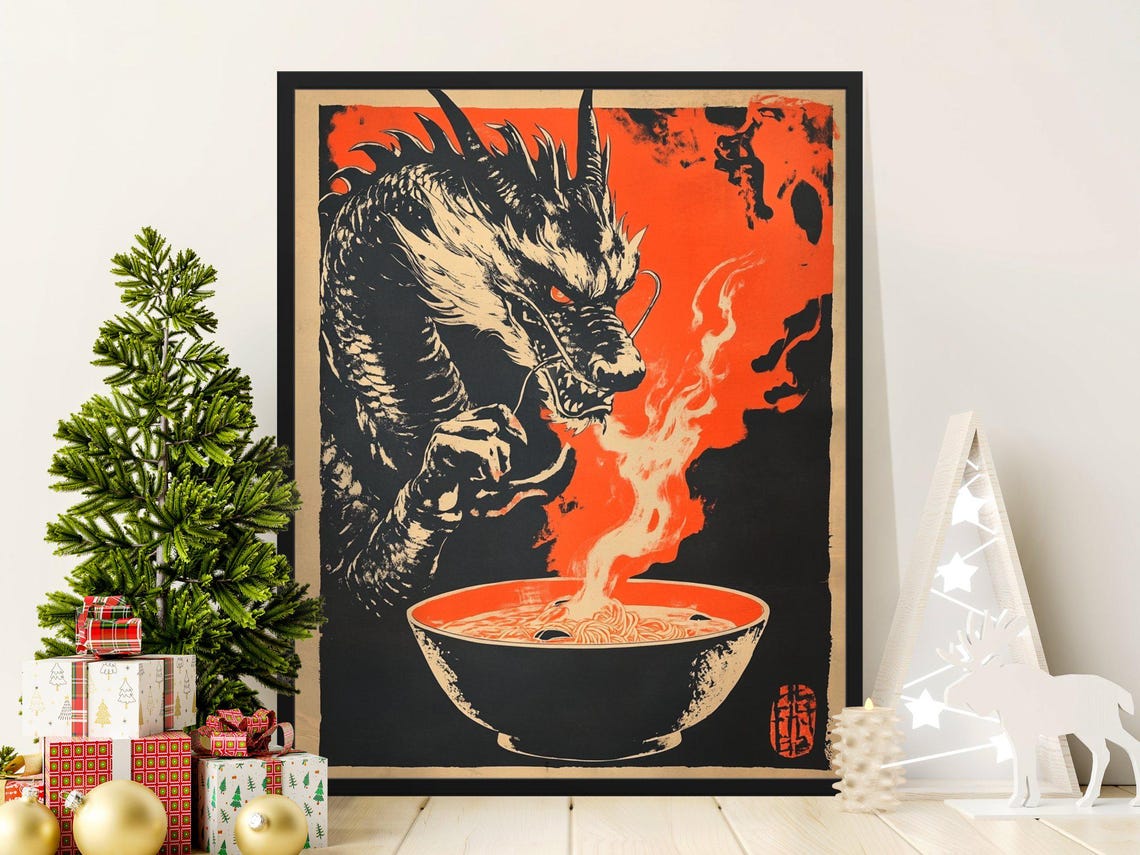 Black Dragon Holding Steaming Ramen Bowl Japanese Fire Art Poster