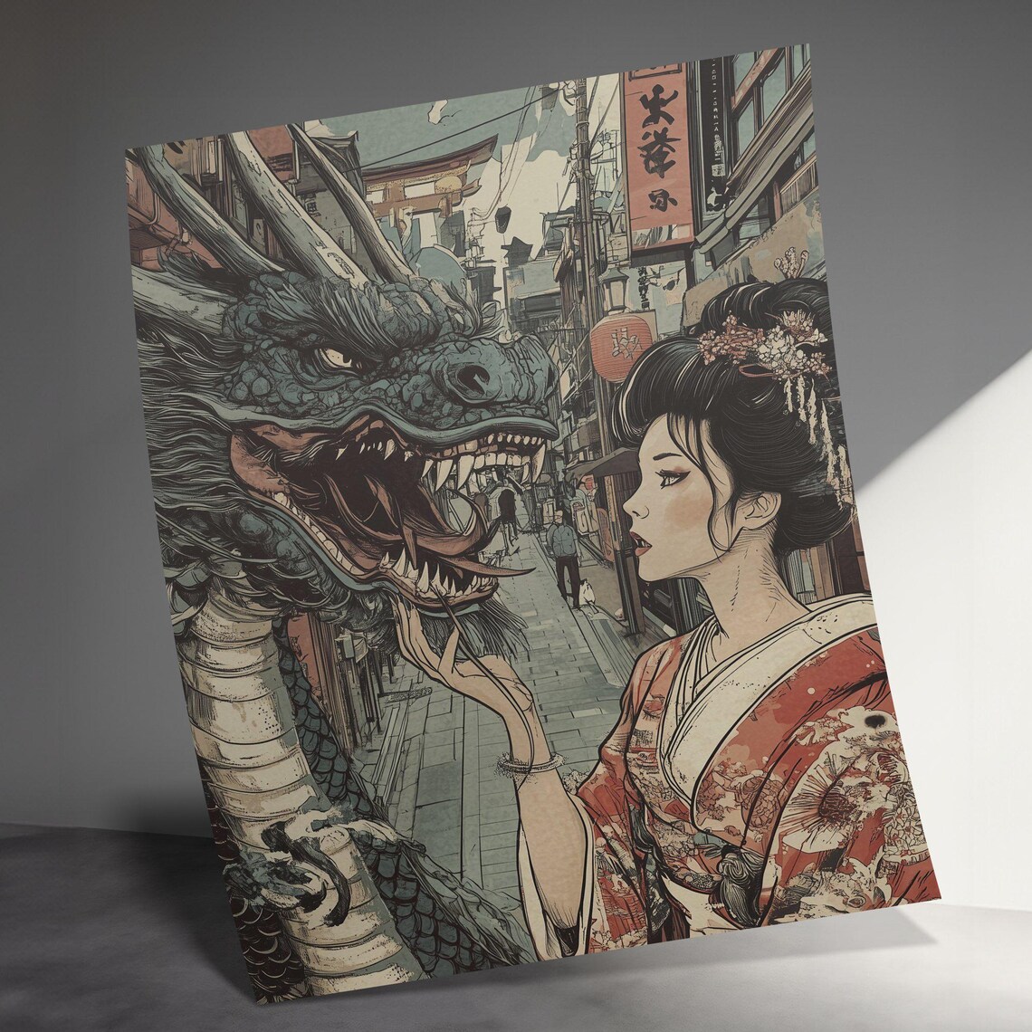 Geisha Facing Giant Dragon Japanese Street Vintage Oriental Art Poster - Image 3