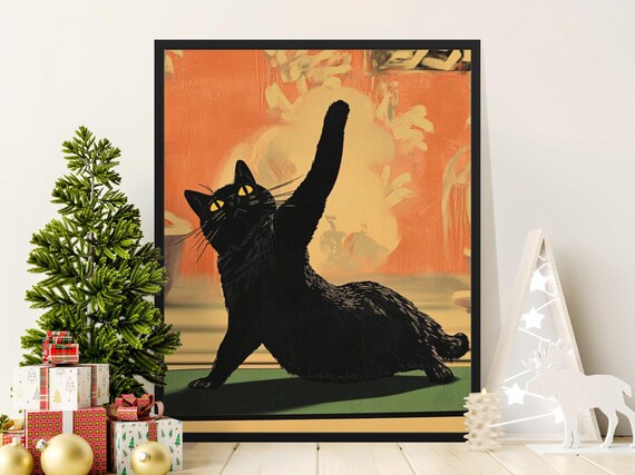 Black Cat Yoga Stretch Sunset Vintage Retro Style Funny Cat Poster