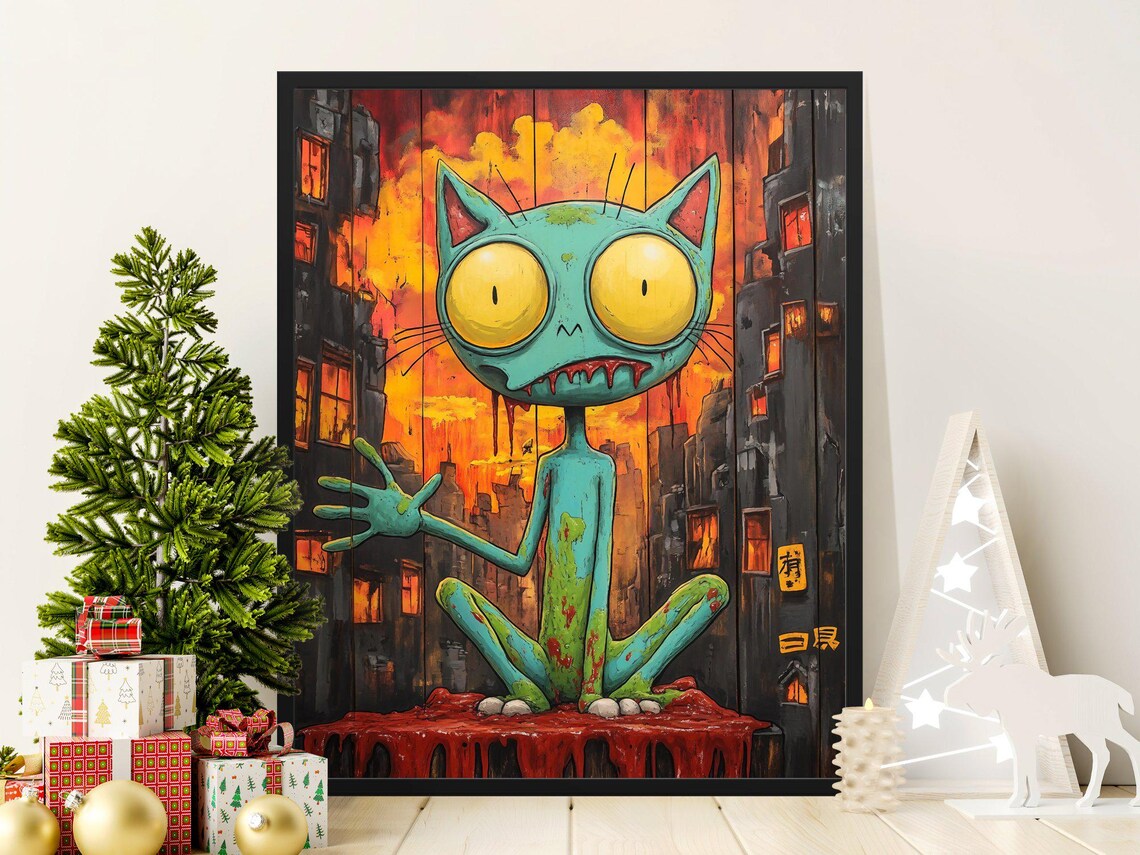 Zombie Cat In Dark City Creepy Urban Illustration Quirky Cat Poster