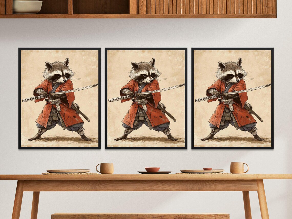 Samurai Raccoon In Red Kimono Drawing Katana Vintage Japanese Art Poster - Image 2