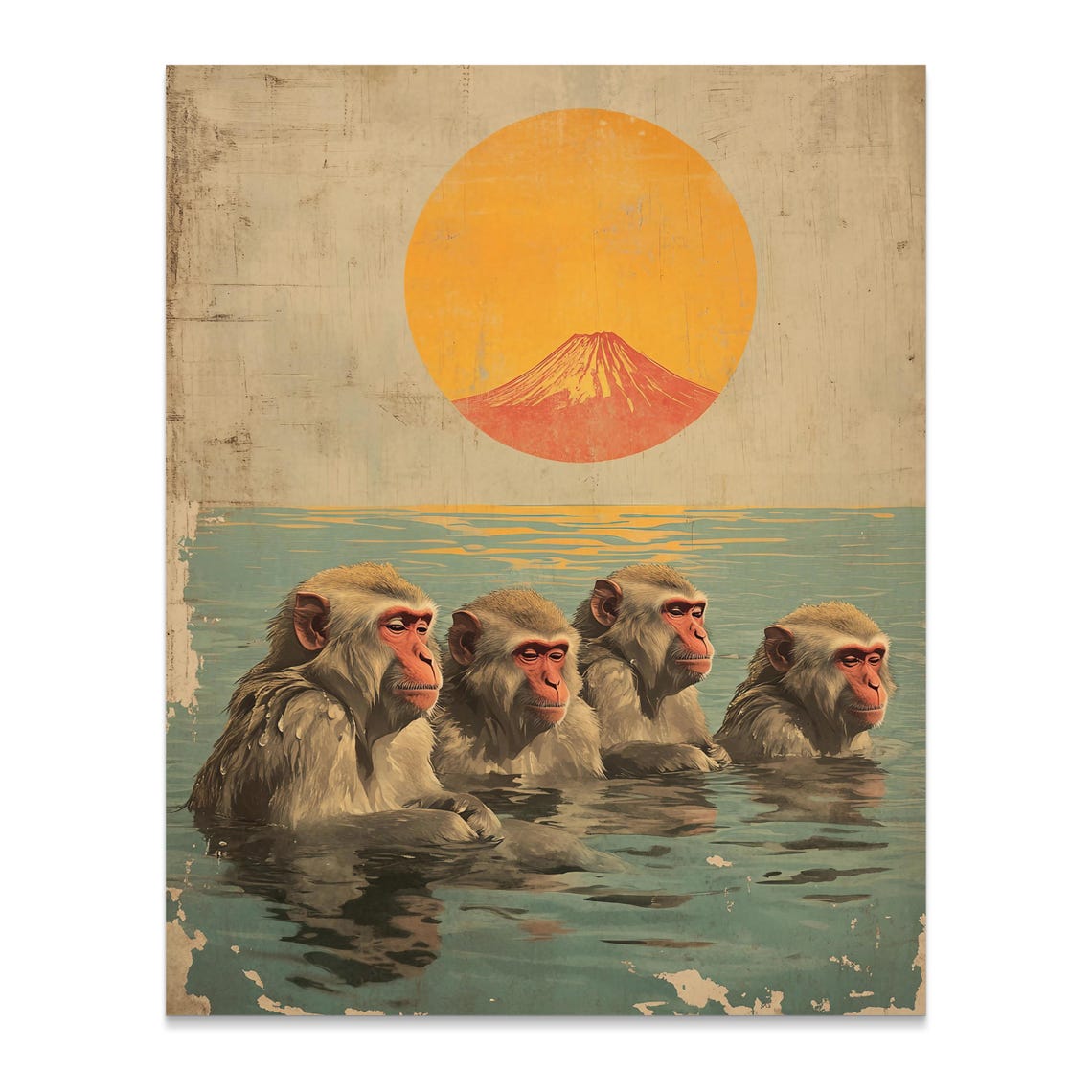 Snow Monkeys Bathing Hot Spring Mount Fuji Sun Retro Art Poster - Image 2