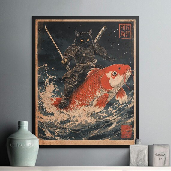 Samurai Cat Riding Giant Red Koi Fish Ocean Waves Night Warrior Art Poster