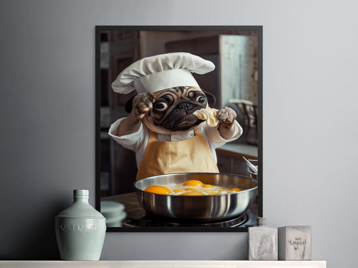 Funny Pug Chef Cracking Eggs Whimsical Kitchen Dog Wall Art Poster