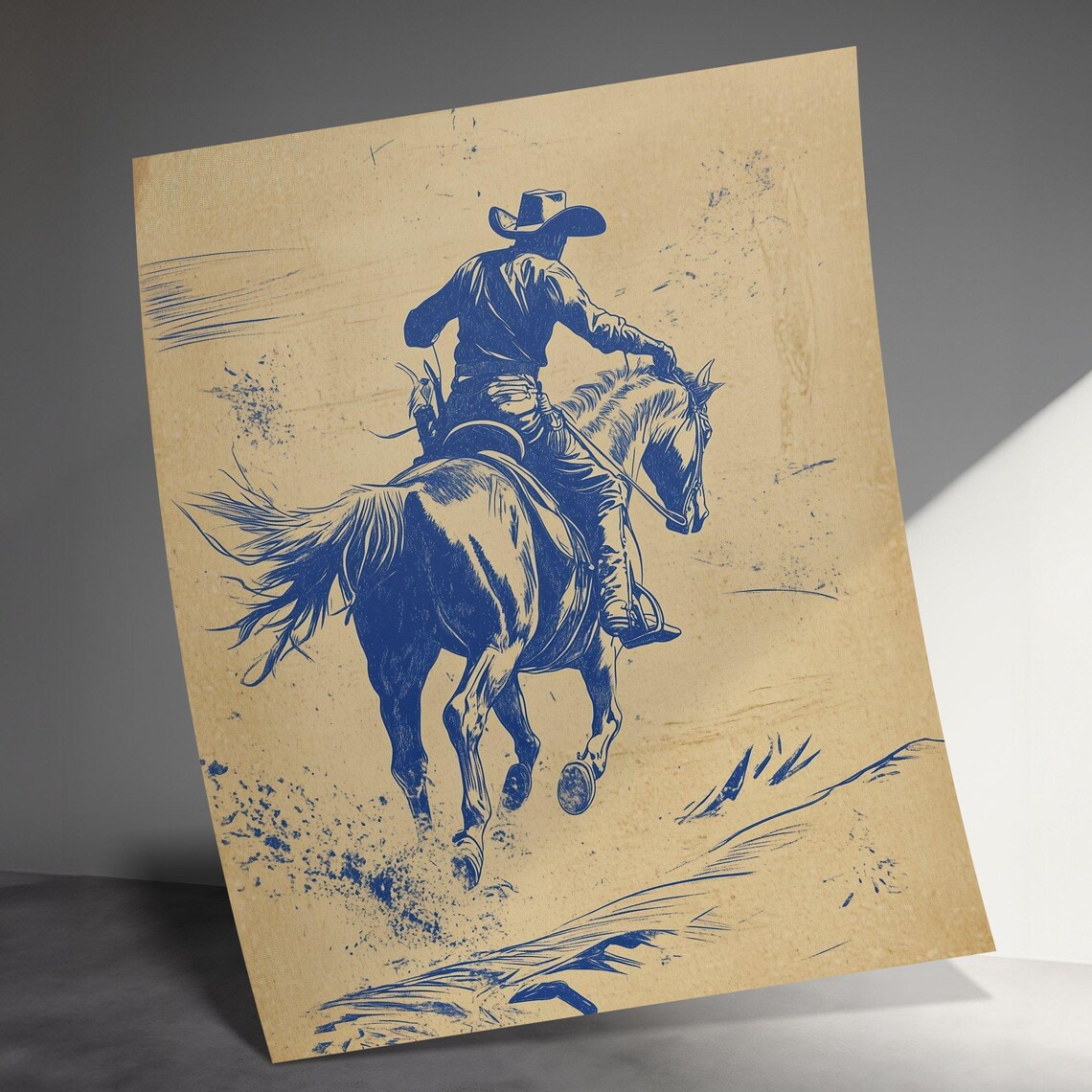 Cowboy Riding Galloping Horse Blue Ink Sketch Western Poster - Image 3