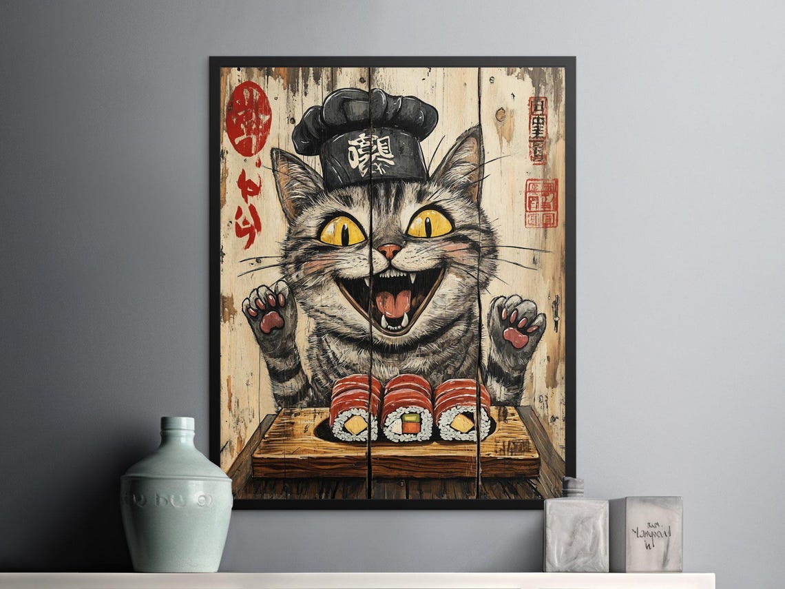 Happy Grinning Tabby Cat Sushi Chef Wooden Plank Vintage Poster - Image 2