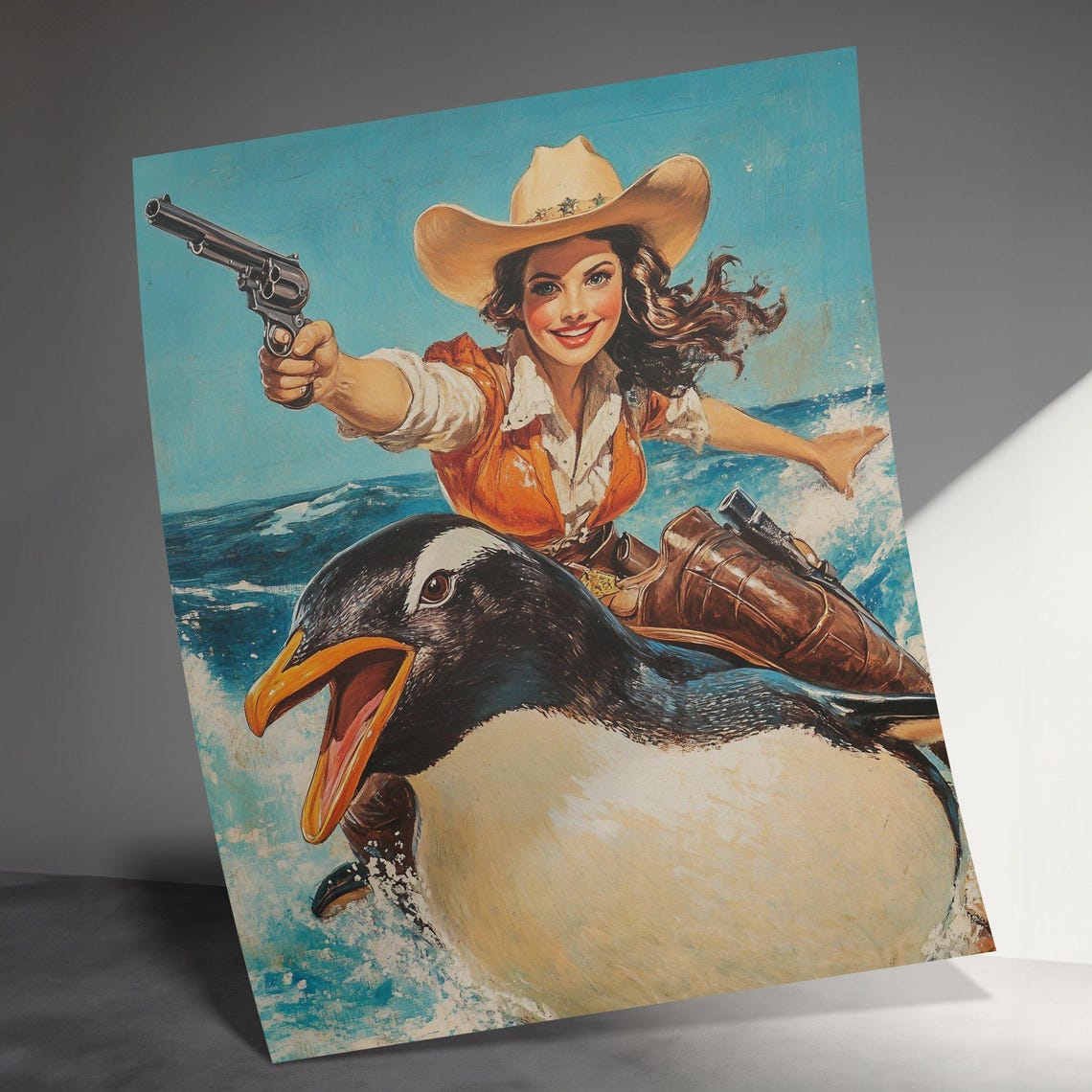 Vintage Cowgirl Riding Giant Penguin Ocean Waves Pulp Western Poster - Image 3