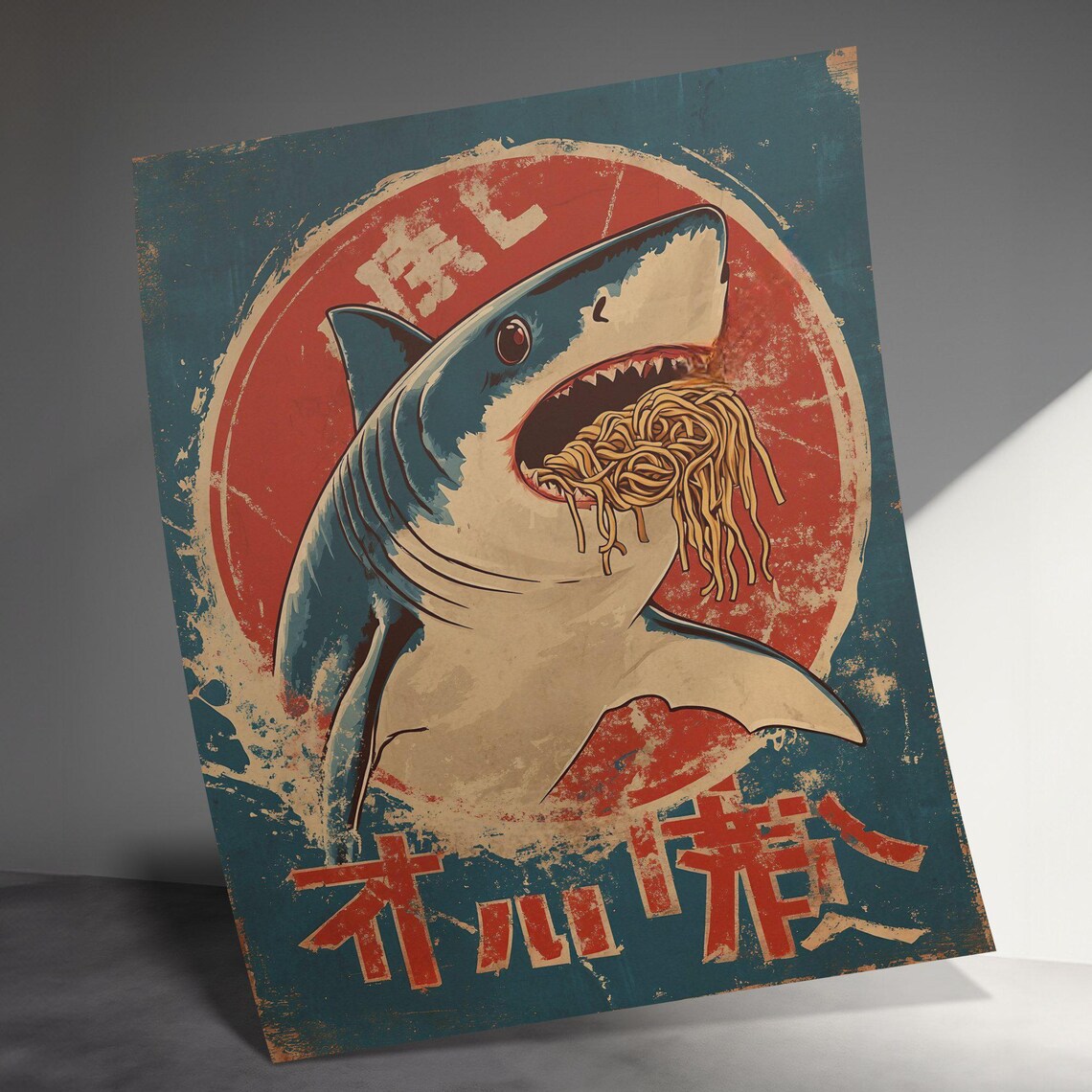 Shark Eating Spaghetti Red Sun Vintage Japanese Retro Sea Creature Poster - Image 3