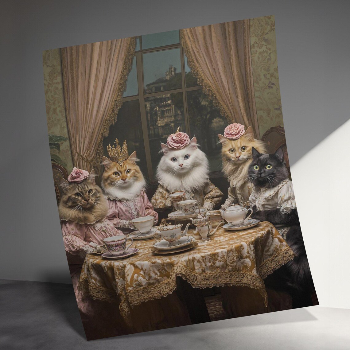 Victorian Cats Tea Party Five Elegant Dressed Feline Friends Poster - Image 3