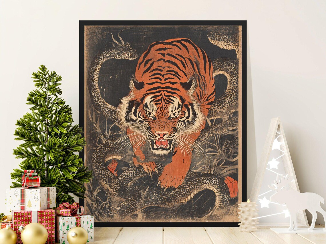 Tiger Fighting Snake Epic Battle Vintage Japanese Woodblock Art Poster