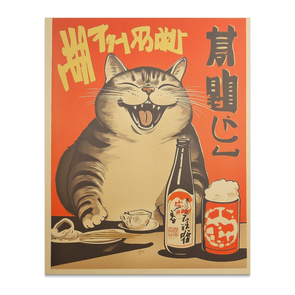Laughing Tabby Cat With Beer Bottle Vintage Japanese Bar Poster - Image 2