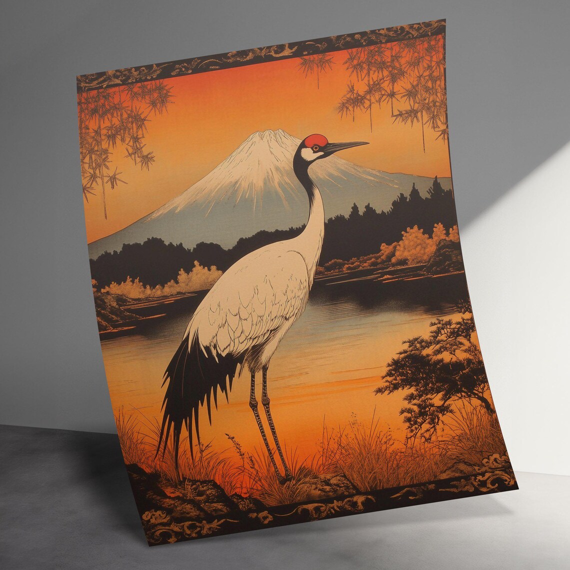 Red Crowned Crane Mount Fuji Orange Sunset Vintage Japanese Poster - Image 3