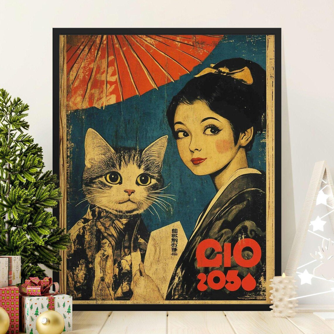 Retro Japanese Cat And Geisha Style Woman CIO 2050 Art Poster