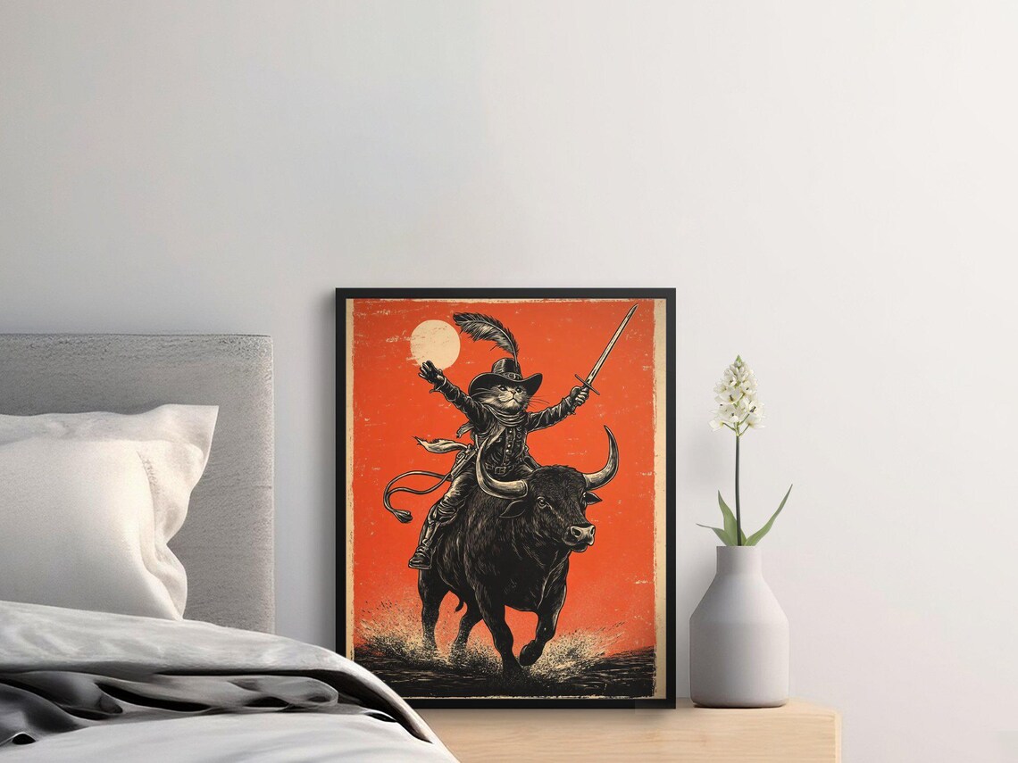 Cat Musketeer Riding Bull Sword Vintage Western Funny Wall Art Poster - Image 3