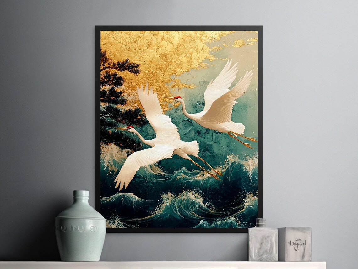White Cranes Flying Over Waves Gold Leaf Japanese Style Poster - Image 2