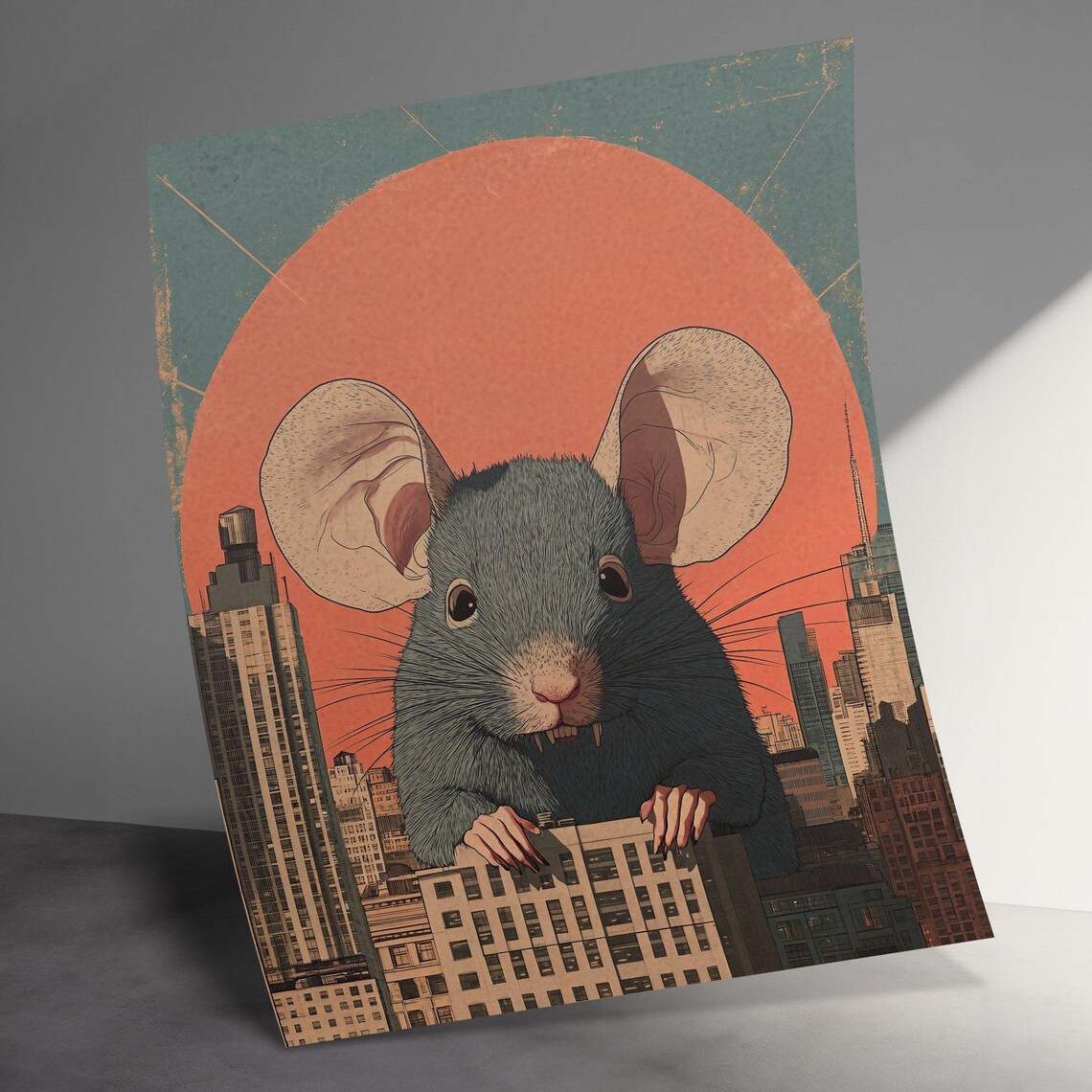 Giant Mouse City Sunset Orange Retro Surreal Funny Animal Poster - Image 3