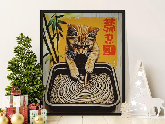 Adorable Tabby Kitten Drawing Spiral Zen Sand Tray Japanese Style Poster