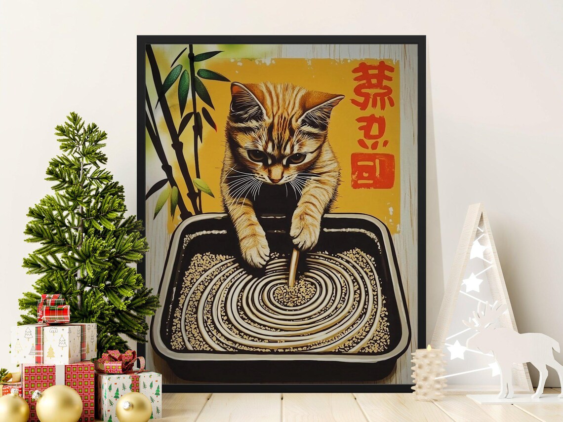 Adorable Tabby Kitten Drawing Spiral Zen Sand Tray Japanese Style Poster