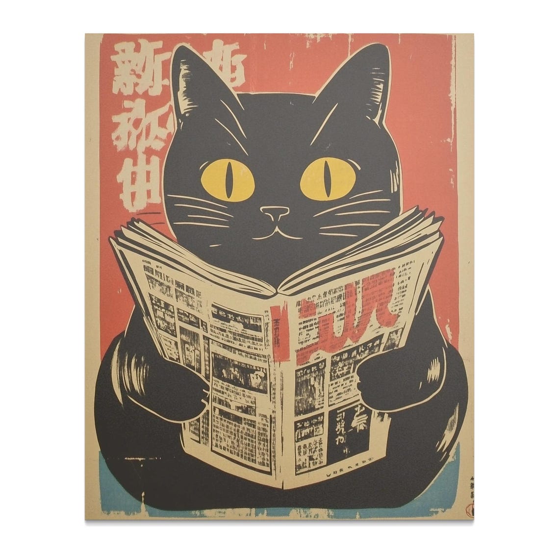 Japanese Black Cat Reading Newspaper Retro Style Funny Cat Poster - Image 2