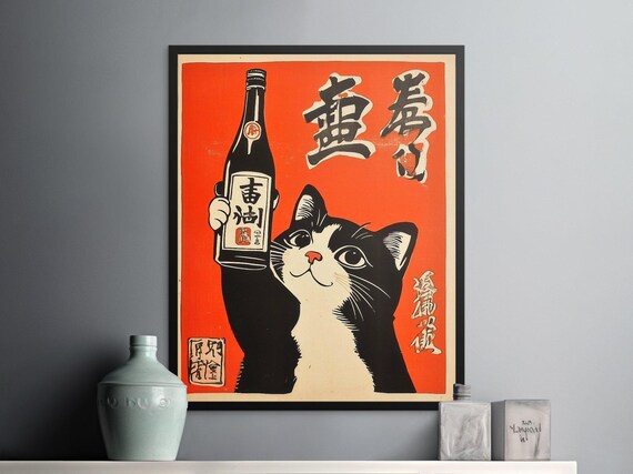 Tuxedo Cat Holding Sake Bottle Red Retro Japanese Bar Decor Party Art Poster