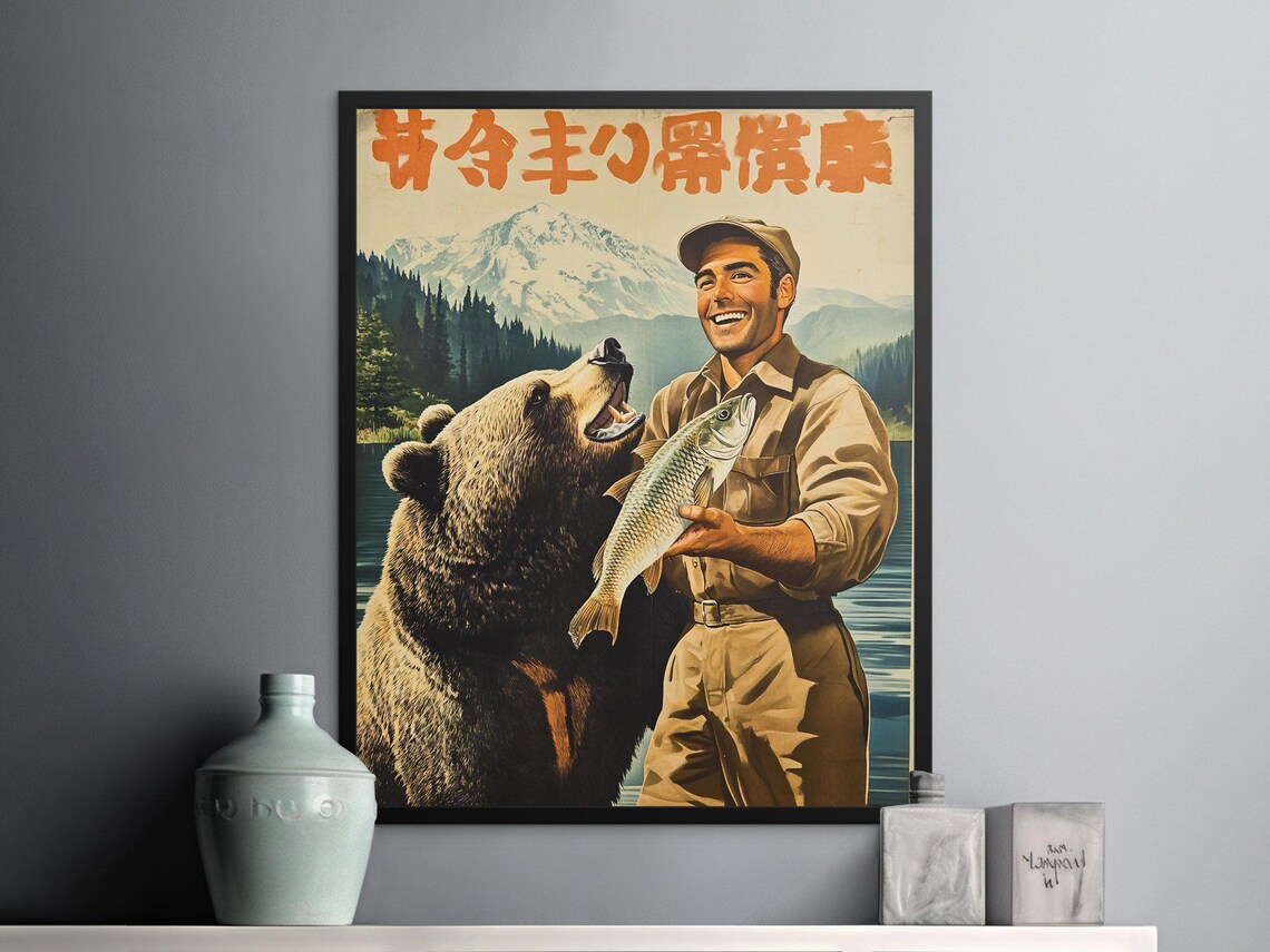 Smiling Fisherman With Bear And Catch Vintage Mountain Lake Travel Poster - Image 2