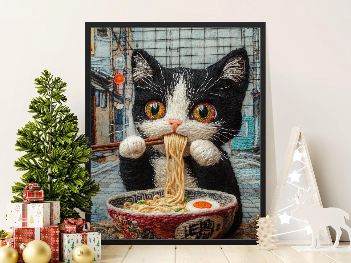 Tuxedo Cat Eating Ramen Embroidery Style Japanese Street Poster - Image 2