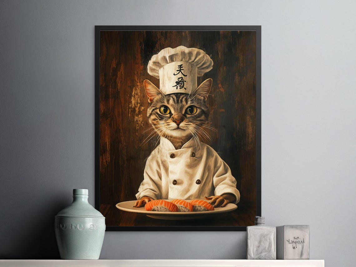 Elegant Tabby Cat Chef White Uniform Salmon Nigiri Rustic Art Poster - Image 2