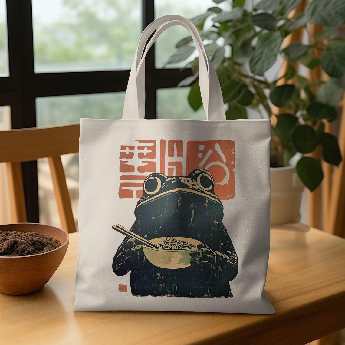 Frog Eating Noodles Japanese Retro Canvas Tote Bag Cute Kitchen Gift