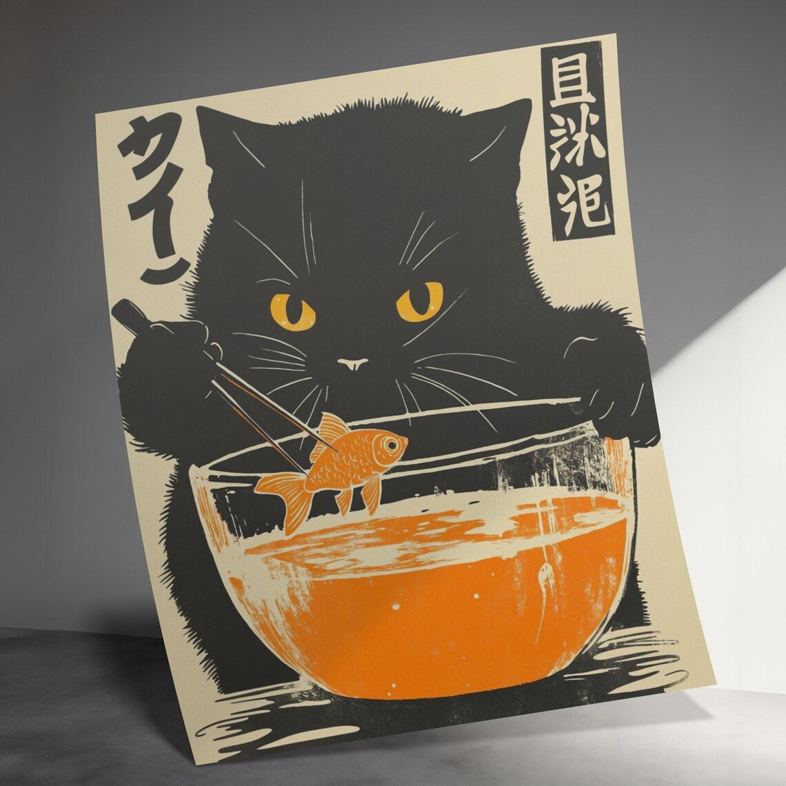 Black Cat Fishing Goldfish With Chopsticks Vintage Japanese Kitchen Poster - Image 3