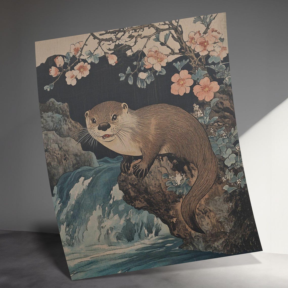 Japanese Ukiyo-e Style Otter With Cherry Blossoms Nature Poster - Image 3
