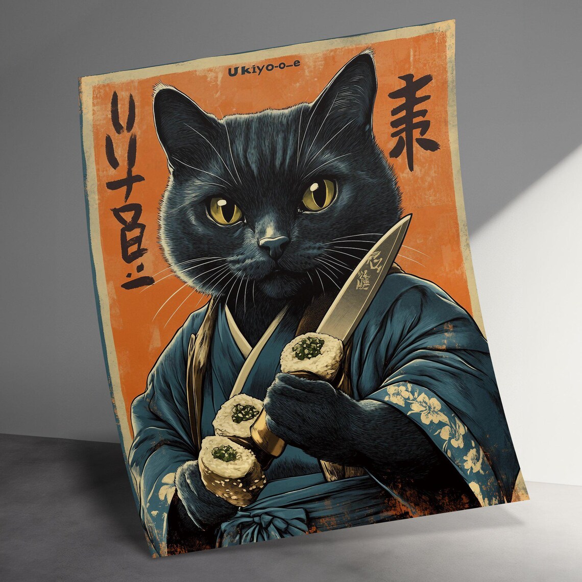 Black Cat Sushi Master Holding Knife In Kimono Ukiyoe Art Poster - Image 3