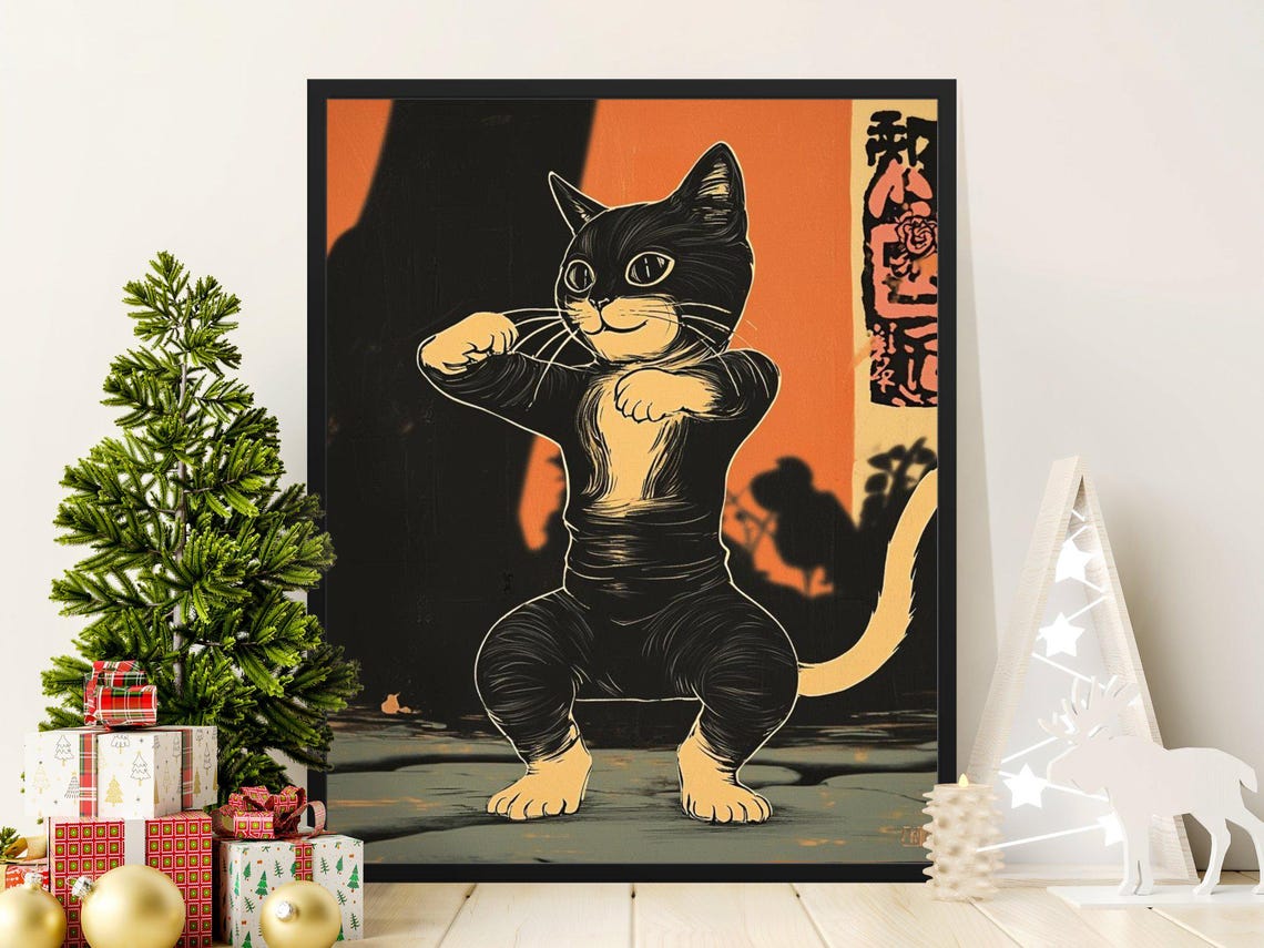 Kung Fu Cat In Martial Arts Stance Retro Japanese Orange Poster
