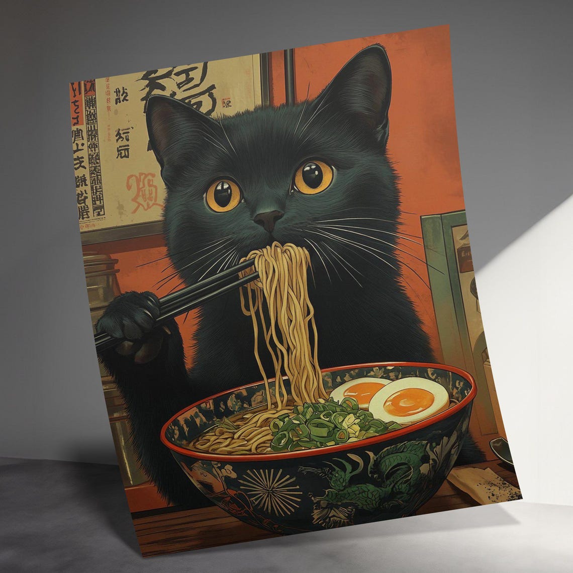 Black Cat Eating Ramen Chopsticks Egg Scallions Vintage Poster - Image 3