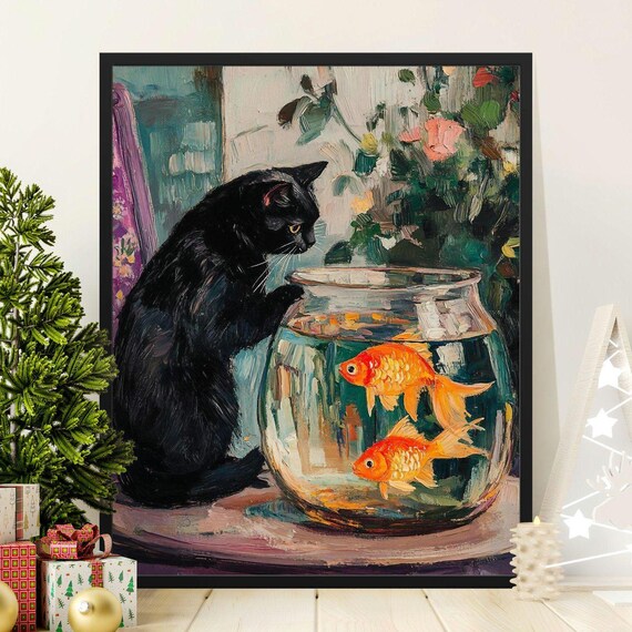 Black Cat Watching Goldfish Bowl Impressionist Style Animal Poster