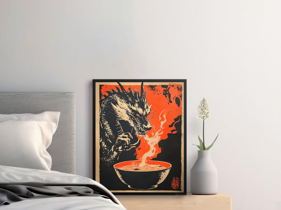 Black Dragon Holding Steaming Ramen Bowl Japanese Fire Art Poster - Image 2