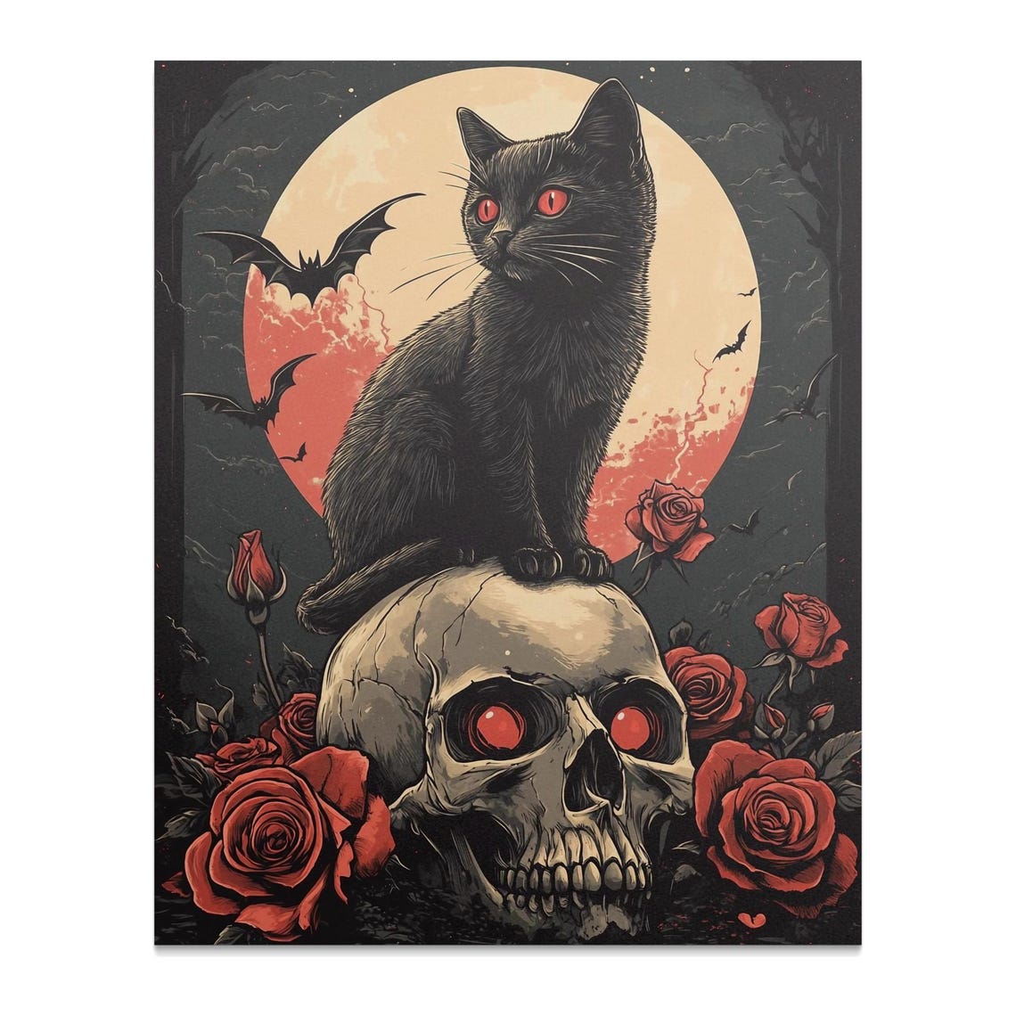 Black Cat Red Moon Skull Gothic Halloween Dark Witchy Cat Wall Art - Image 2