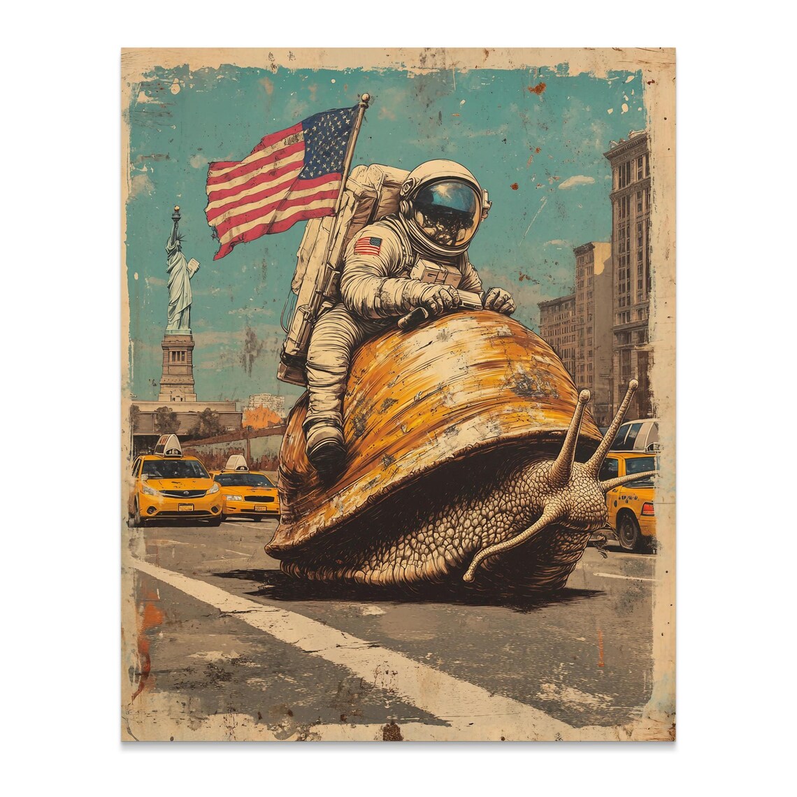 Retro Astronaut Riding Giant Snail New York City Daytime Surreal Art Poster - Image 2