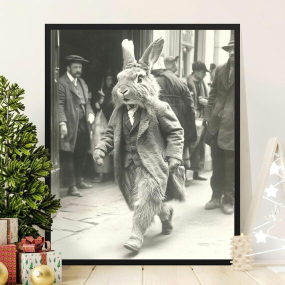 Vintage Rabbit In Suit Walking Street Retro Animal Photo Poster