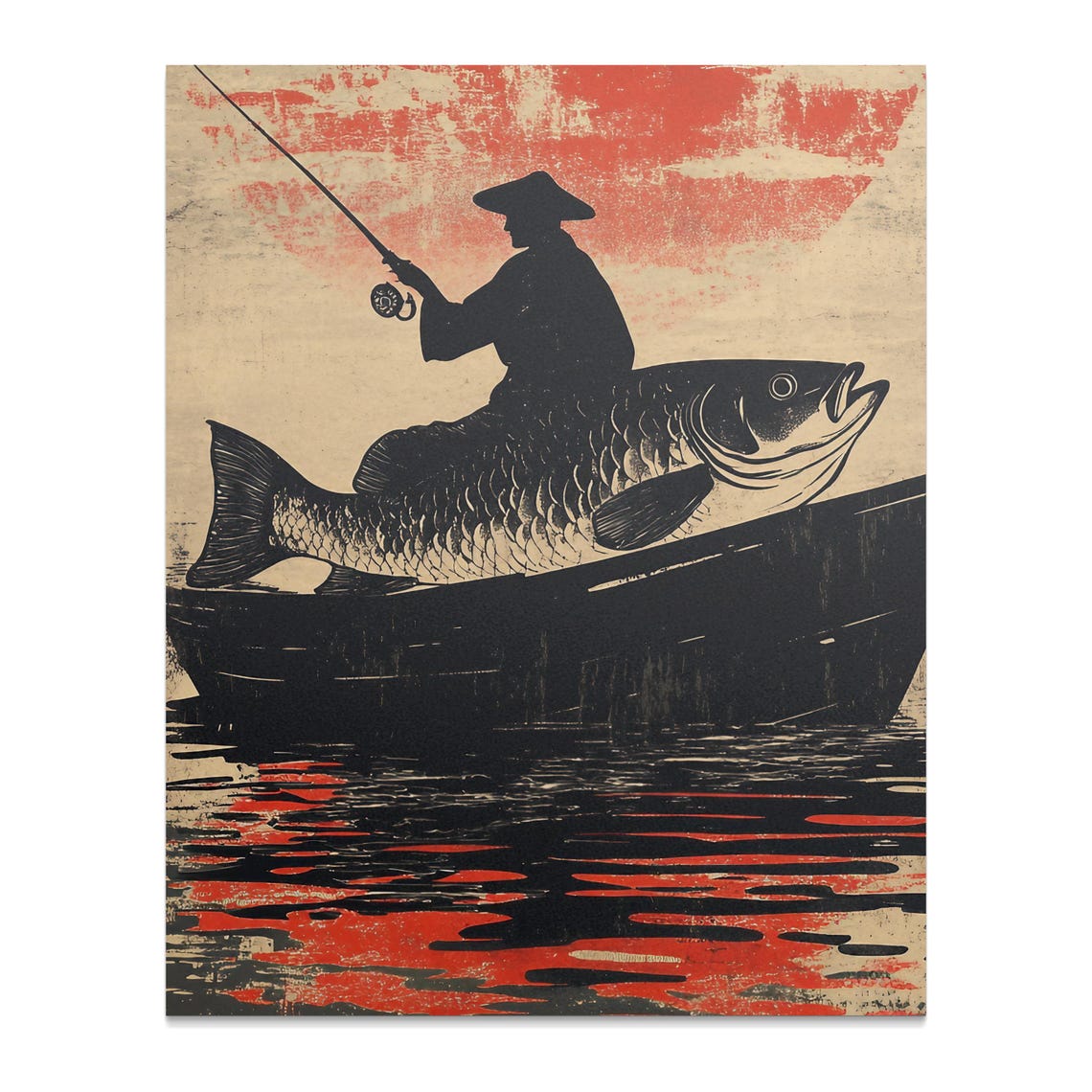 Fisherman Silhouette With Giant Fish Red Sunset Japanese Ink Poster - Image 2