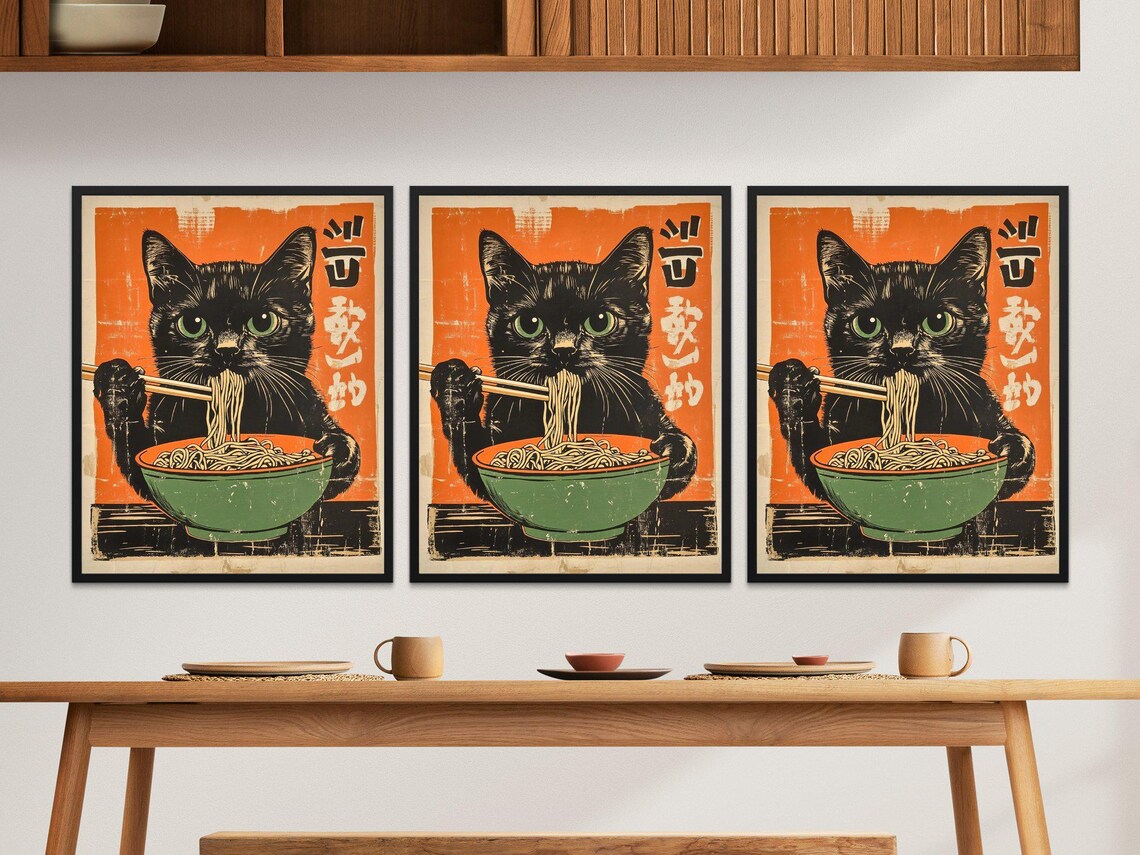 Vintage Cat Eating Ramen, Japanese Style Art Print - Image 2