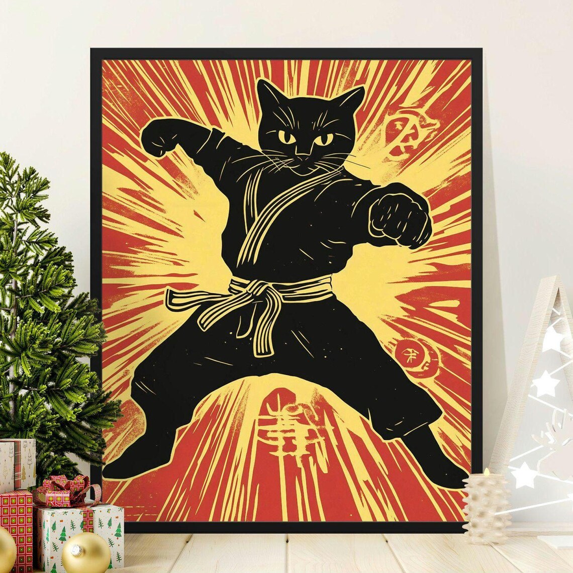 Black Cat Karate Master Striking Punch Red Rising Sun Retro Comic Poster
